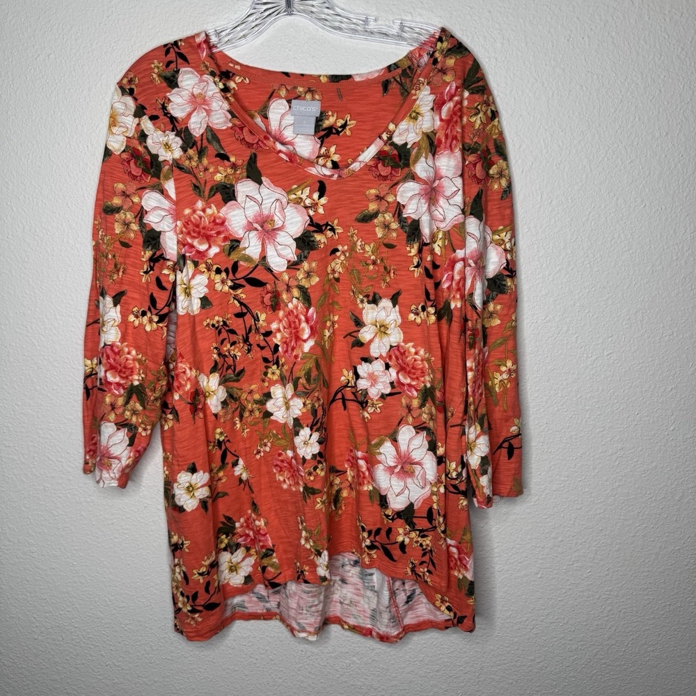 Chicos 3 XL Orange Floral Print 3/4 Sleeve V Neck Top Casual Feminine